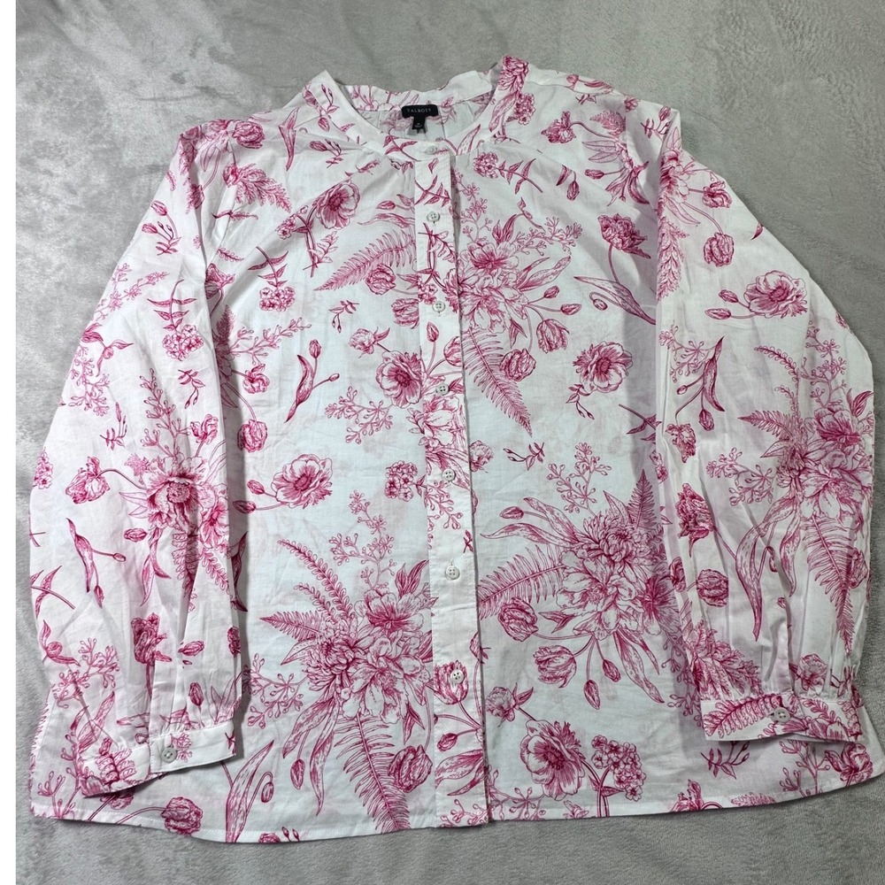 Talbots Pink Floral Toile Cotton Button Down Shirt Band Collar XL